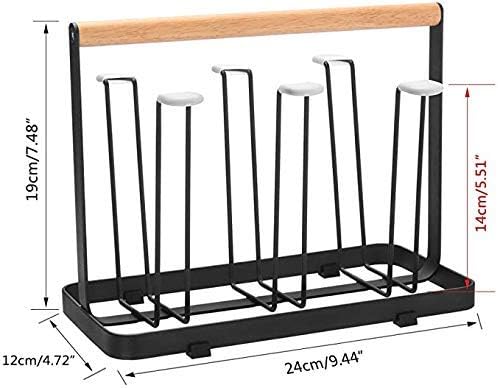 Cup Drying Rack Stand,Beer Glasses Rack 6 Cup Metal Drainer Holder Rack Non-Slip Mugs Cups Organizer with Wood Handle, Black