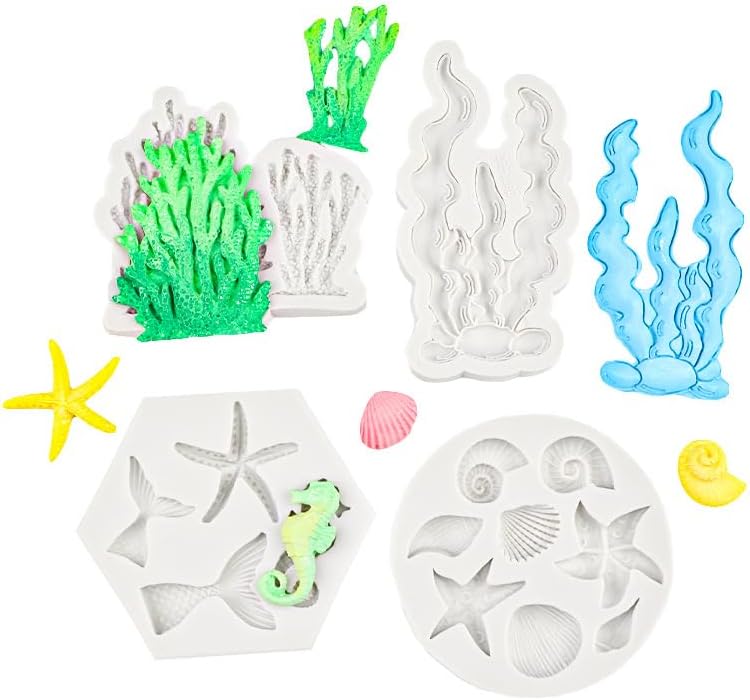 Ocean Chocolate Fondant Mold Set Food-Grade Silicone Baking Molds with Shell, Starfish, Seashell Beach Life Phrases, Reusable for Under the Sea Cakes, Cupcakes & Party Treats - 8 Pack