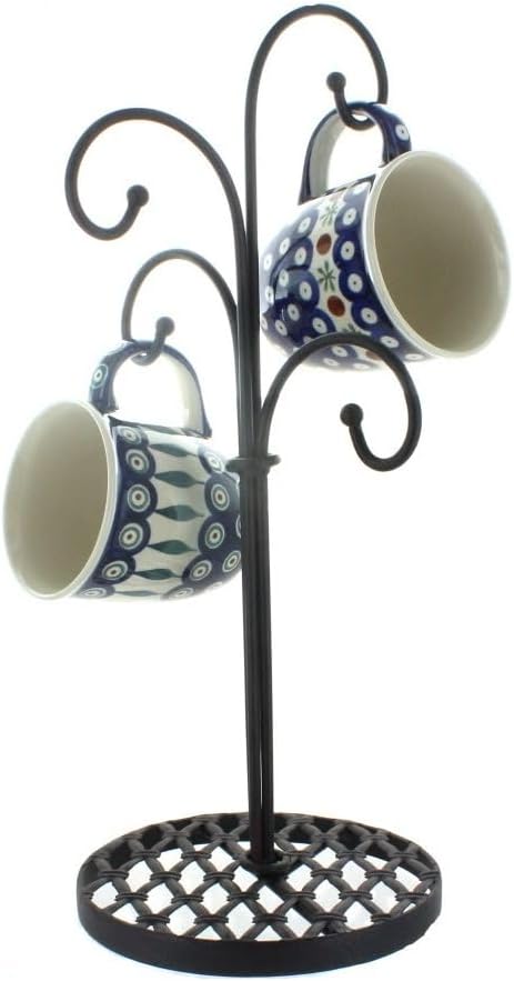 Blue Rose Polish Pottery - Black 4 Arm Mug Stand - 16"x 8" x 7" - Rack for Dinnerware