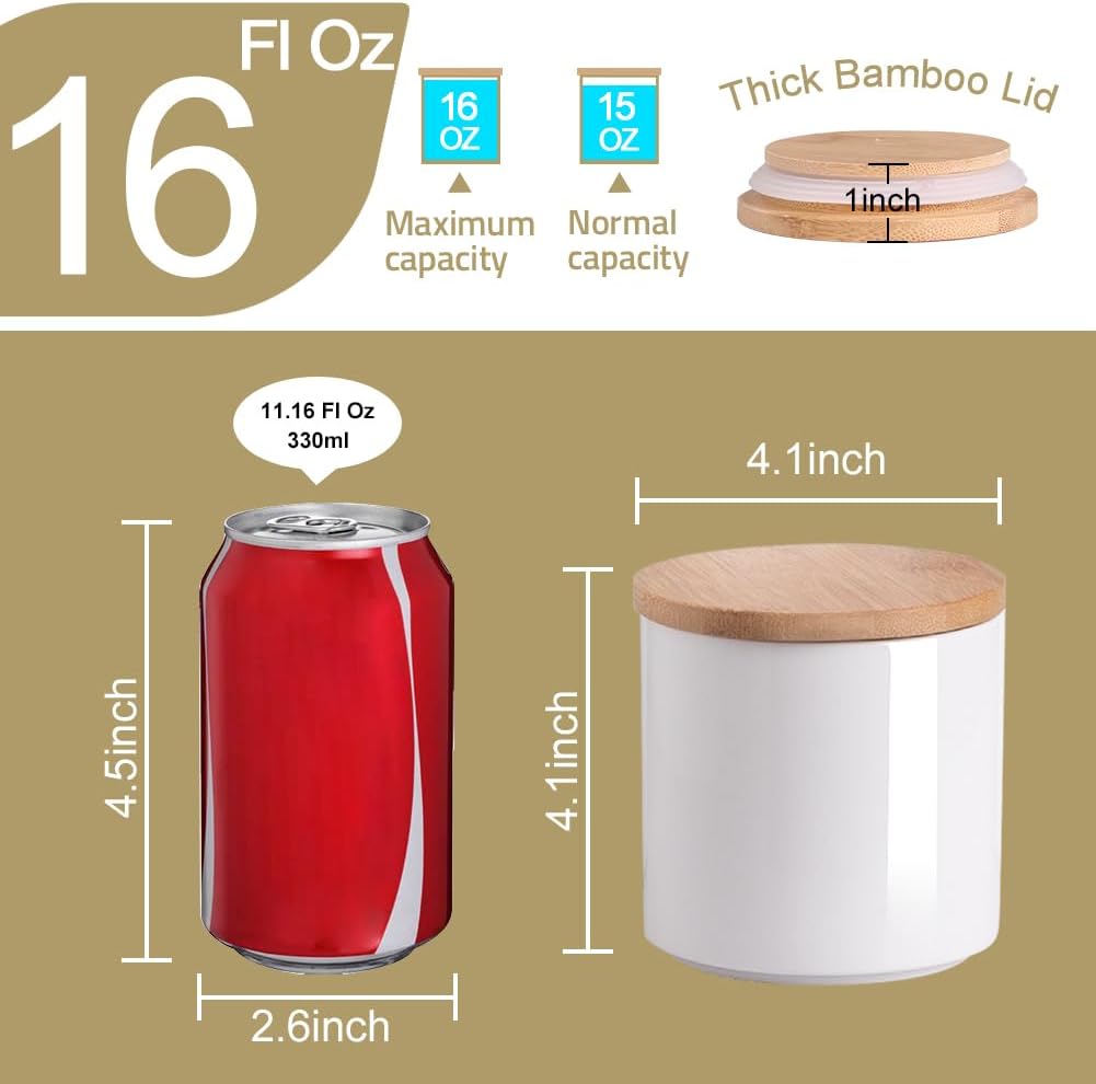 Sweejar Kitchen Ceramic Food Storage Containers, Stackable Canisters for Countertop with Airtight Boomboo Lids for Serving Ground Coffee, Tea, Sugar, Salt and More- 16 Fl Oz (White)