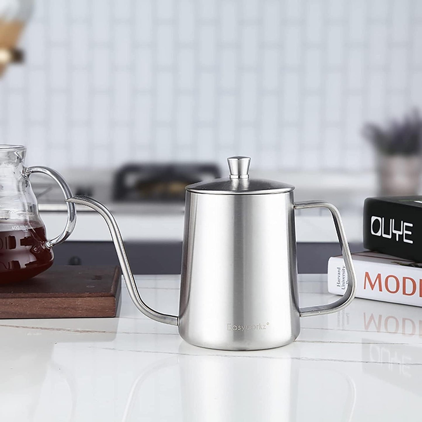 Easyworkz Gage Gooseneck Pour Over Coffee Kettle 20 oz with Thermometer Stainless Steel Hand Drip Coffee Pot With Long Narrow Spout, Silver