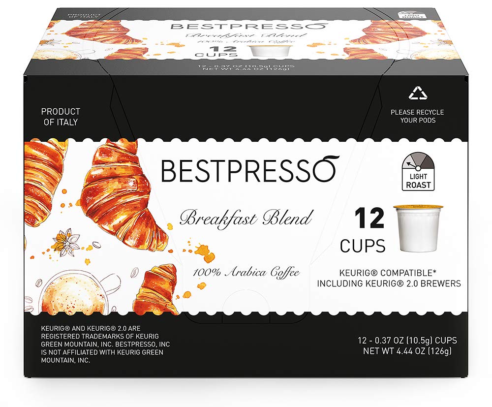 Bestpresso Coffee, Breakfast Blend Light Roast Single Serve K-Cup Pods, 96 Count (Compatible With 2.0 Keurig Brewers) 8 Packs Of 12 Cups