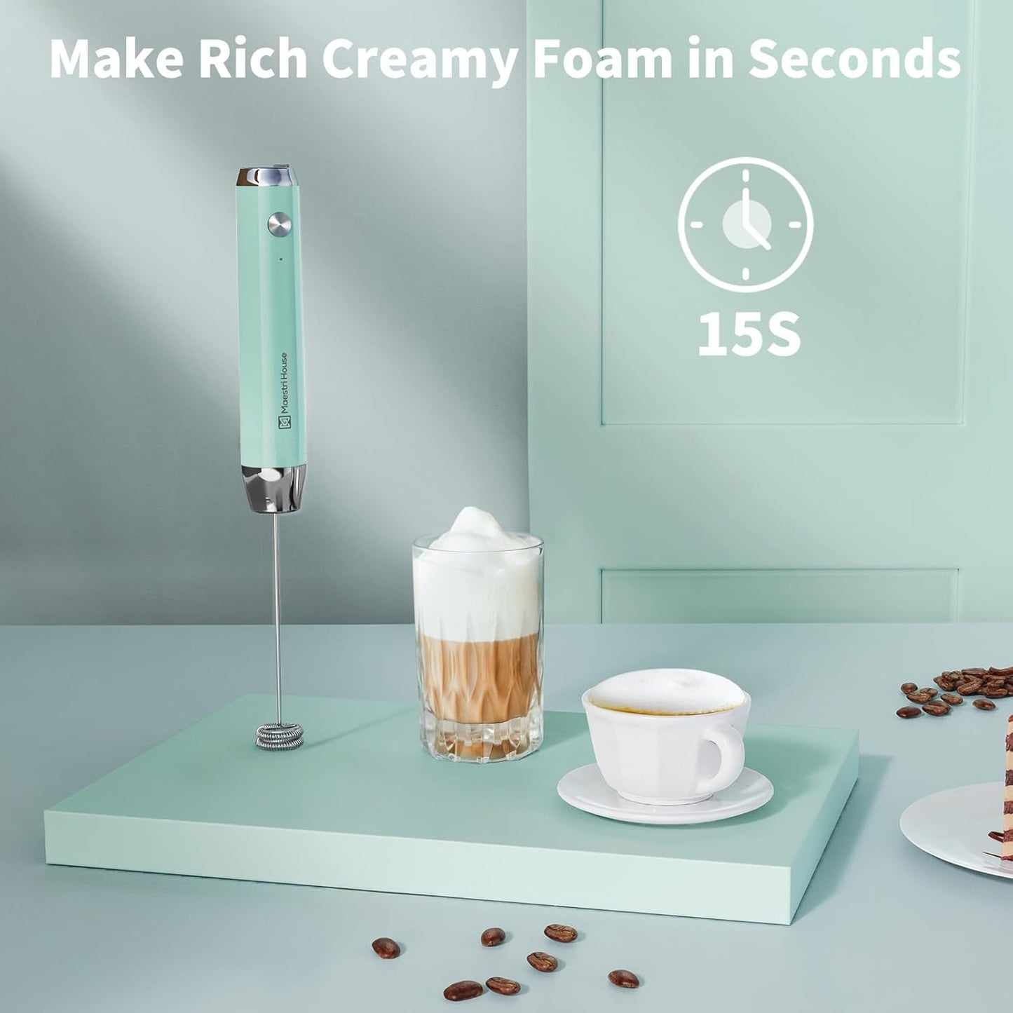 Maestri House Rechargeable Milk Frother, LunaFro NS Handheld Electric Foam Maker Waterproof Detachable Stainless Steel Whisk Drink Mixer Foamer for Lattes, Cappuccino, No Stand