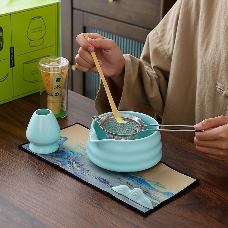 Matcha Set Matcha Whisk Matcha Bowl With Water Ladle Matcha Whisk Holder Tea Making Kit.Japanese Tea Set(7pcs)+1Spoon,Celadon Blue gift set