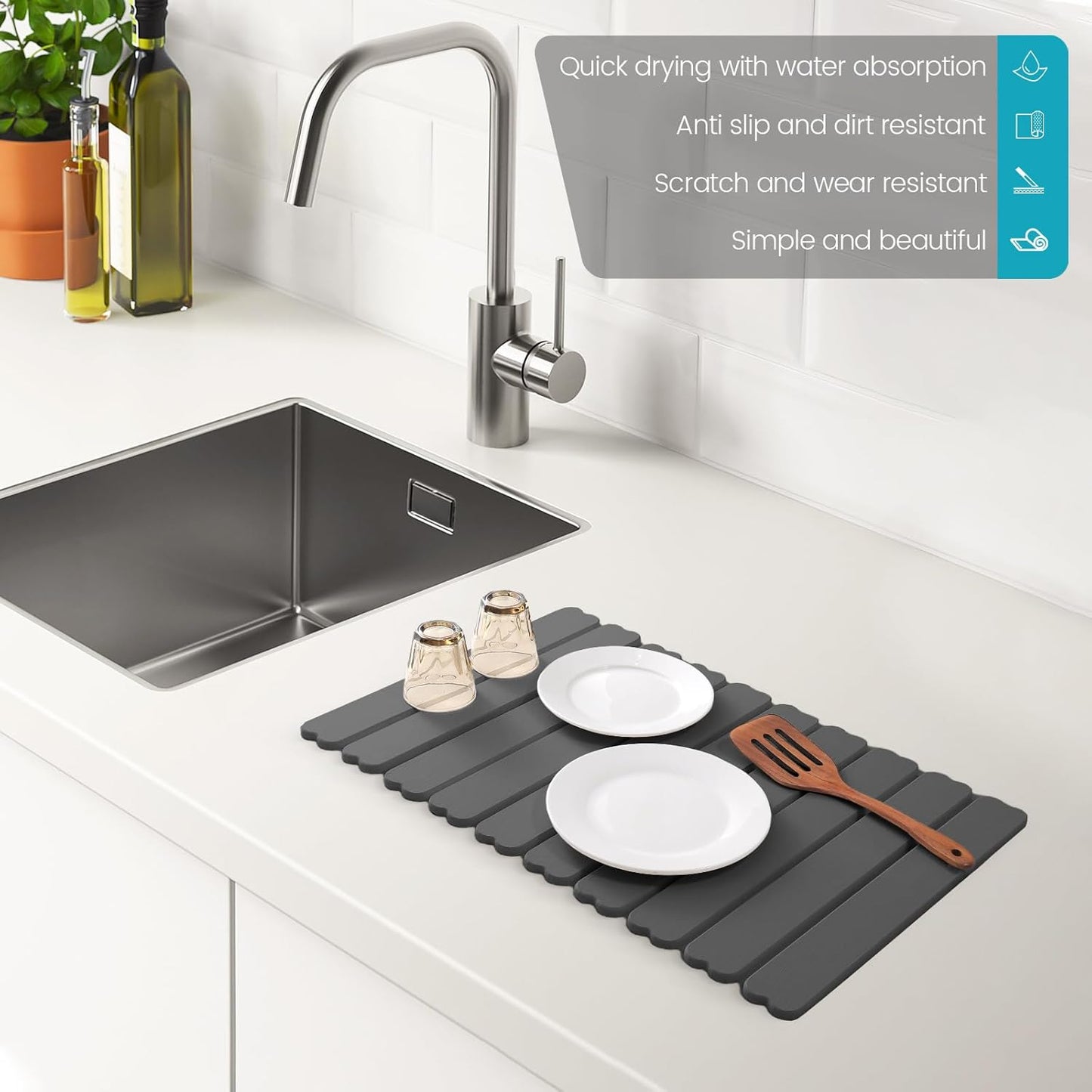 Extral Large Quick Dry Stone Drying Mat for Kitchen Counter,24x16 Inch Collapsible Eco-Friendly Absorbent Diatomaceous Earth Mat for Dishes Cups,Dish Drying Mats (Dark grey-Love shape, 24x16 inch)