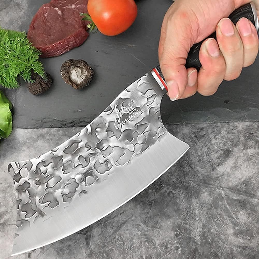 BLADESMITH Butcher Knife 8“, Forged Meat Cleaver Kitchen Knives, Curved High Carbon Steel Blade, PakaWood Handle, for Slicing and Cutting