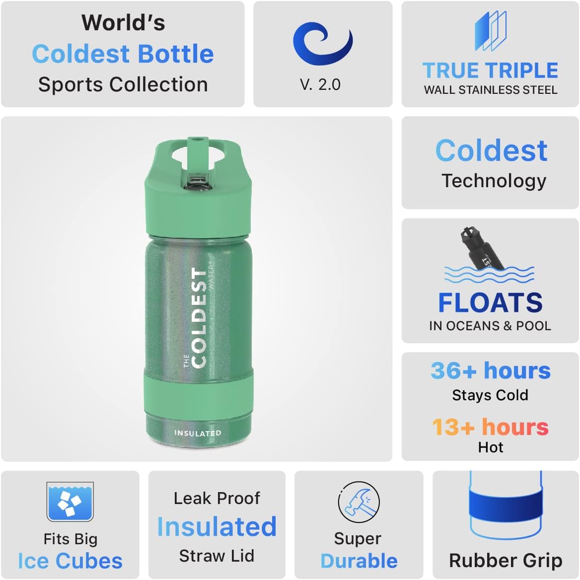 Coldest Insulated Water Bottle with Straw Lid - Stainless Steel Metal Insulated Bottle for Men & Women (Green Aurora Glitter, 14 oz)