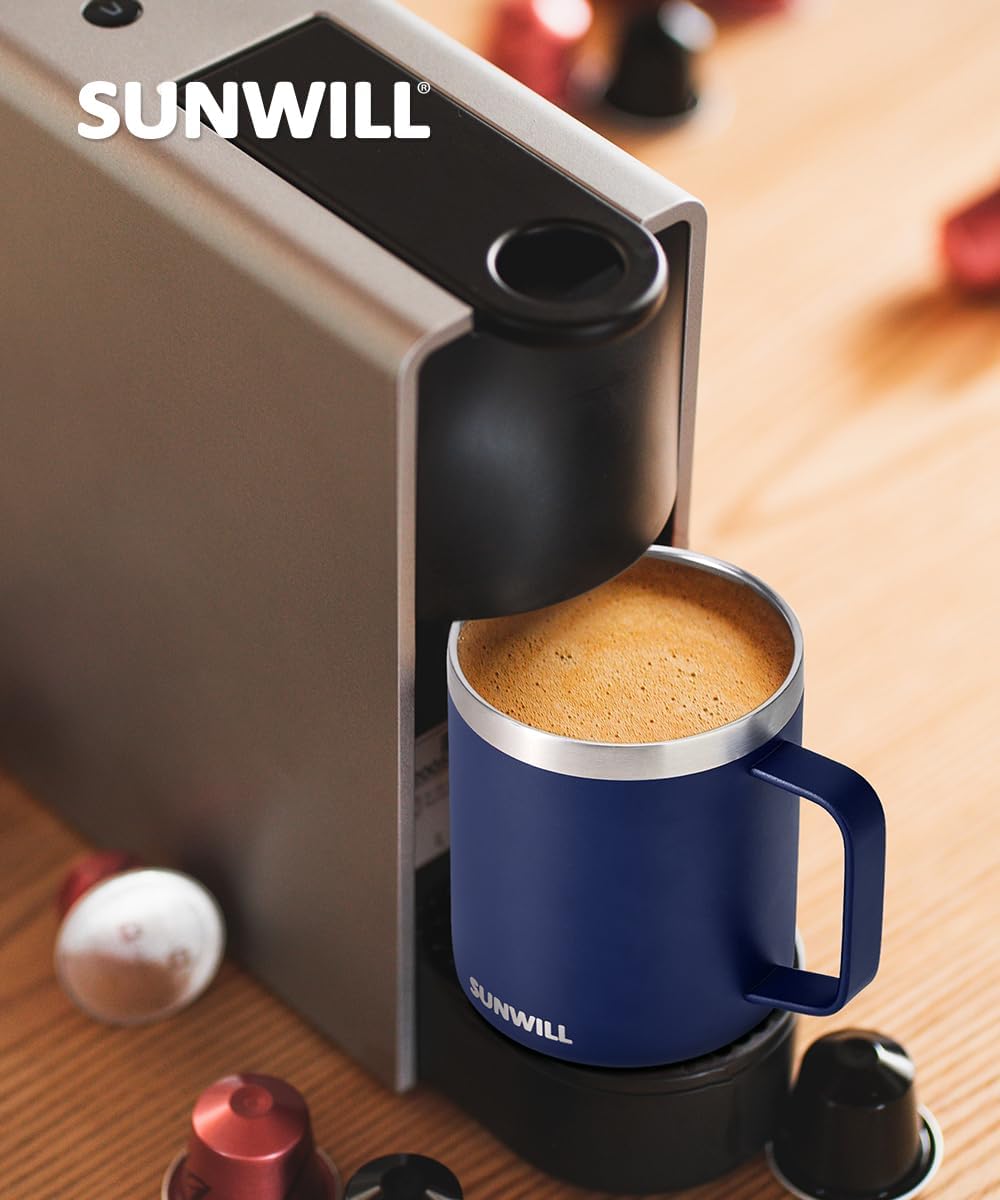 SUNWILL Insulated Coffee Mug with Lid, Travel Tumbler with Handle, 14oz Stainless Steel Cup for Camping, Office, Home, Powder Coated Navy Blue