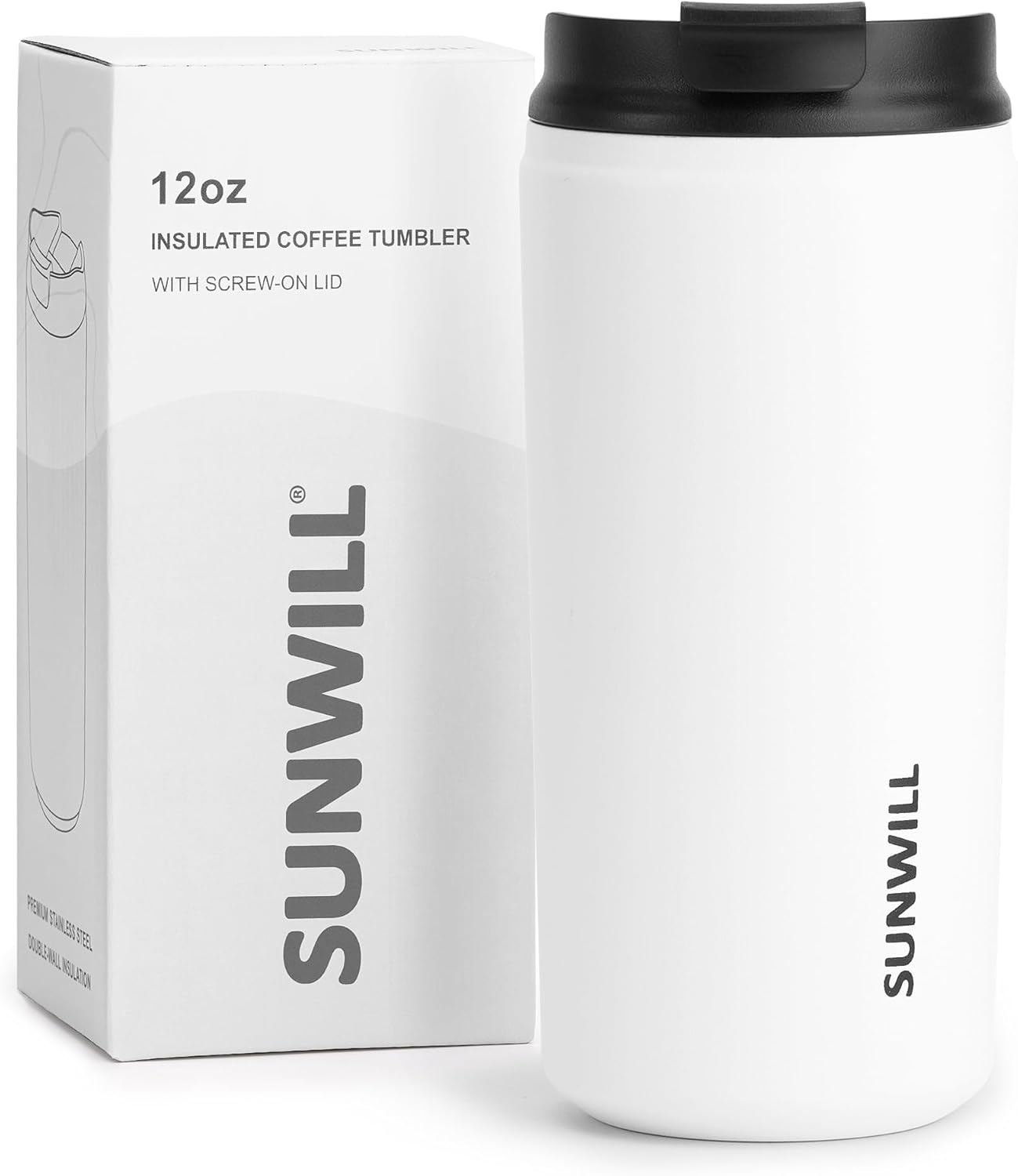 SUNWILL Insulated Coffee Mug with Lid, Leak Proof Tumbler Stainless Steel, 12 oz Travel Cup for Office, Home, Powder Coated White