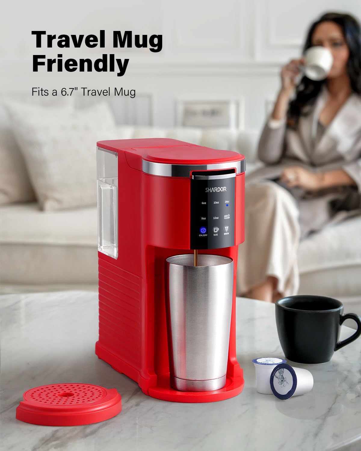 SHARDOR 3 in 1 Coffee Maker, K Cup Coffee Maker Compatible with Ground Coffee & Teas, Single Serve Coffee Machine, 6–14oz Brew Sizes, 40oz Detachable Water Reservoir, Descale Settings, Red
