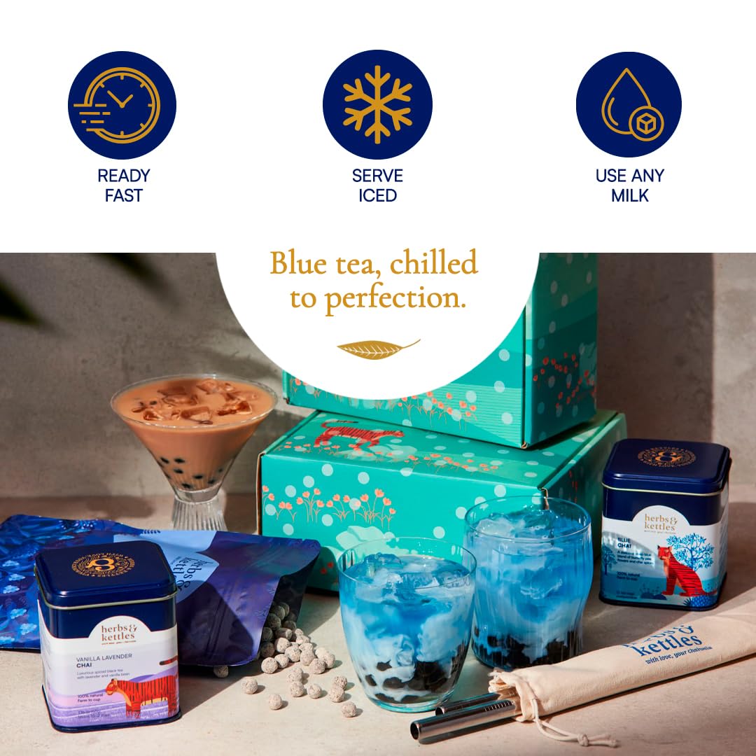 Herbs & Kettles Lavish Blue Tea Boba Kit | Butterfly Pea Flower Tea with Green Tea, Lemongrass, Ginger & Mint + Chewy Tapioca Pearls | DIY Color-Changing Bubble Tea Kit with Reusable Straws |
