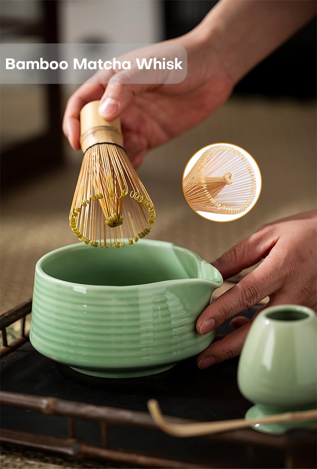 Matcha Whisk Set - 4PCS Matcha Set Includes Matcha Bowl with Spout, Matcha Whisk Holder, Bamboo Whisk and Bamboo Scoop, Ceramic Matcha Kit