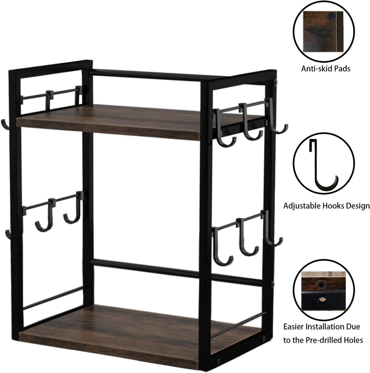 Dorhors 2 Tier Coffee Bar Accessories and Organizer,Multi-functional Mug Holder with 12 Hooks,Wood Coffee Station Organizer,Kitchen Countertop Shelf
