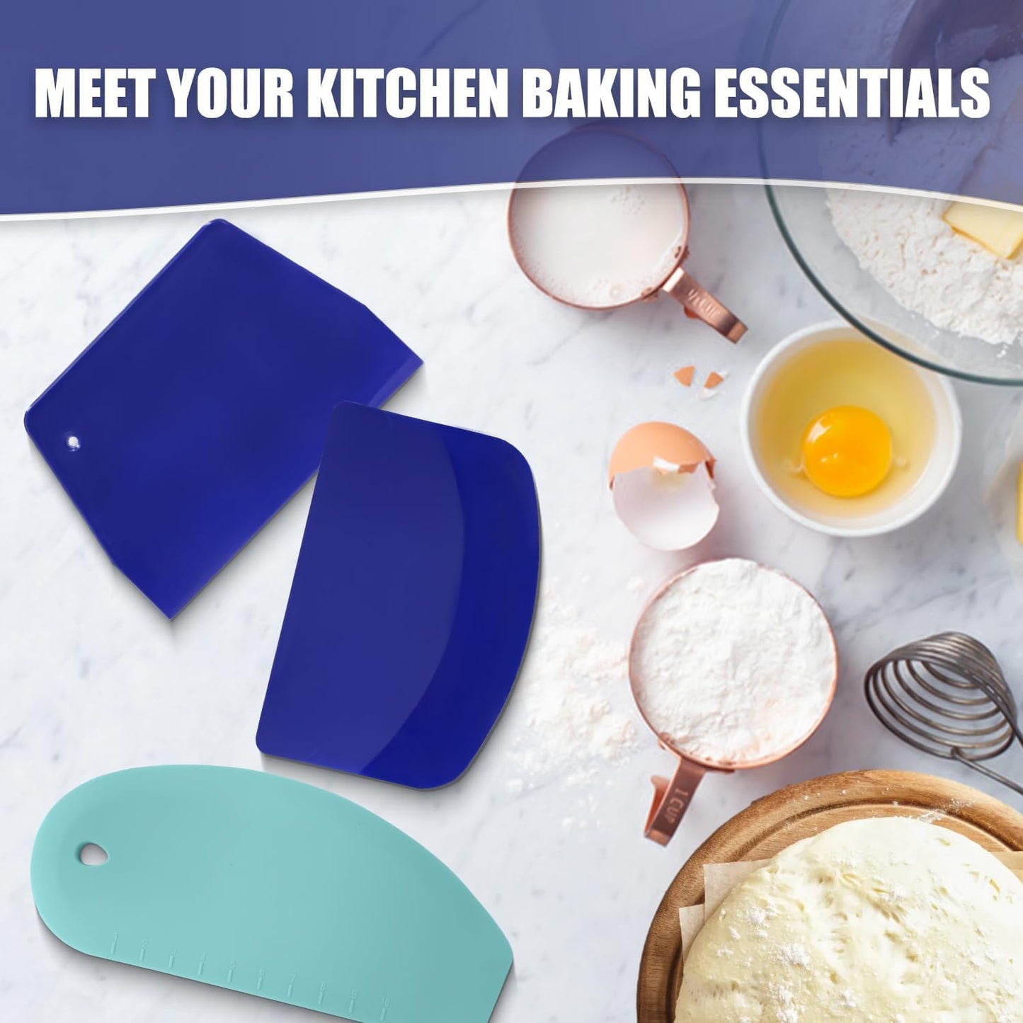 Walfos Dough Scraper Set of 3, Flexible Silicone Bowl Spatula, Kitchen Plastic Bench Dough Scraper Tool for Bread Dough, Sourdough, Cake, Fondant Icing, Blue & Teal/Aqua…