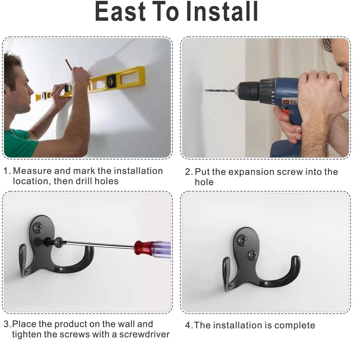 12 PCS Heavy Duty Coat Hooks - Wall Mounted Hooks for Coats, Backpacks, Robes & Hats - Includes 24 Screws