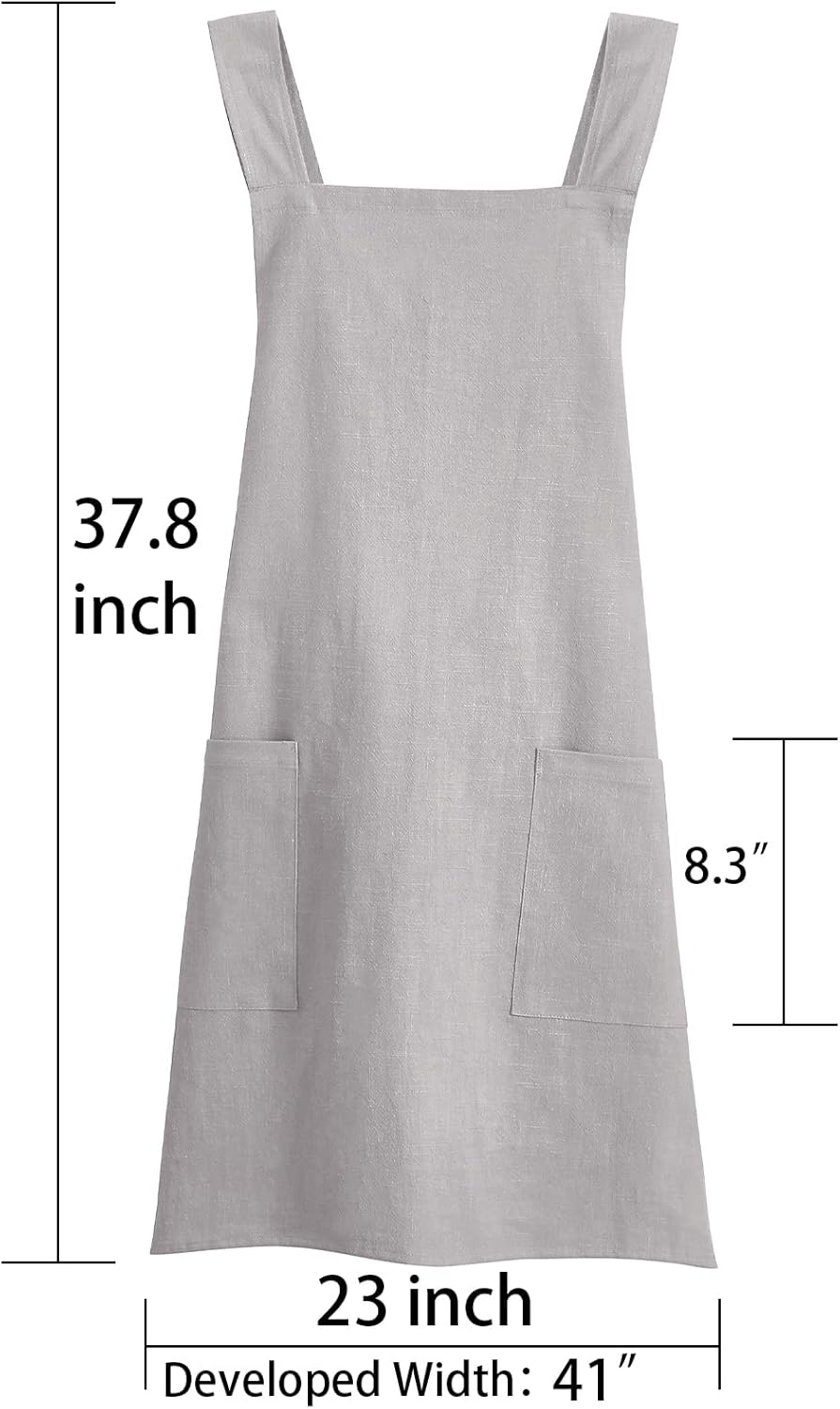 Soft Cotton Linen Apron for Women - Non-tie Cross Back Apron with Pockets, Great for Florist and Kitchen
