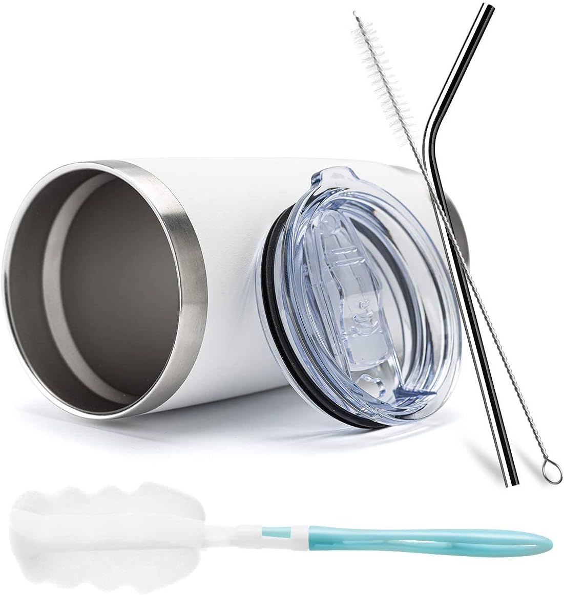 COMOOO 20oz Tumbler with Straw Stainless Steel Insulated Coffee Tumbler Cups Thermal Double Wall Vacuum Travel Coffee Mug with Splash Proof Sliding Lid for Home, Office, School (White, 1 Pack)