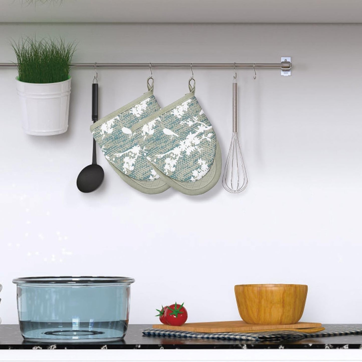 Mini Silicone Oven Mitts, Heat and Slip Resistant Kitchen Gloves 2-Pack Set, Birds Flower Soft Short Oven Mittens, Flexible Thick Pot Holders for Safe Cooking Baking and Grilling (Mini, Aqua)