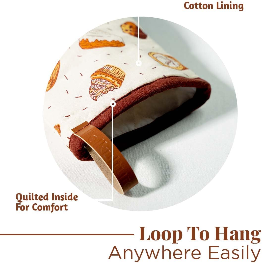 Folkulture Mini Oven Mitts Heat Resistant | (5.75 x 9) Set of 2 Short Oven Mitts with Hanging Loop | 100% Cotton Oven Gloves or Kitchen Mittens | Small Silicone Oven Mits or Baking Accesories