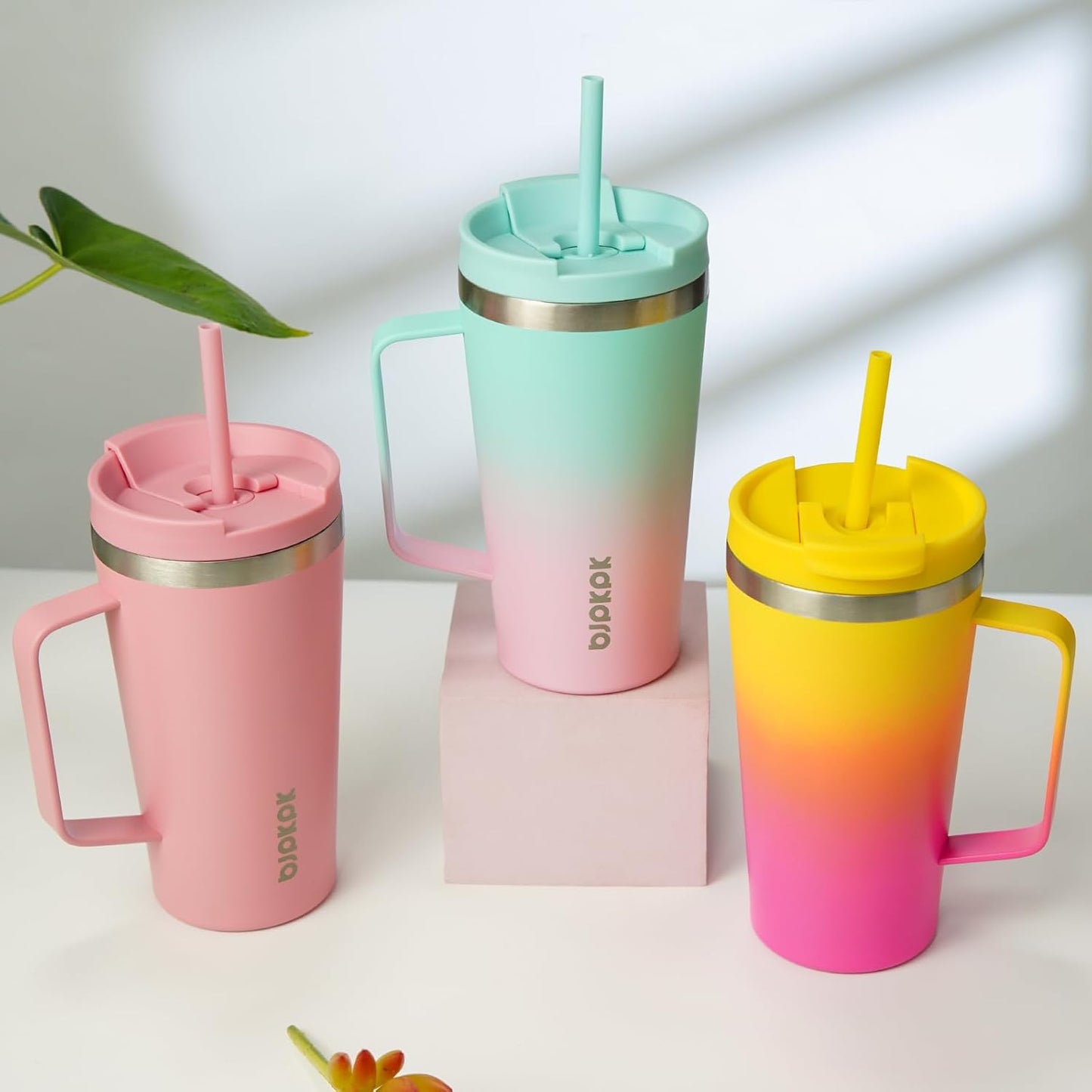 BJPKPK Insulated Tumbler with Handle, 18oz Insulated Tumblers with Lid and Straw, Stainless Steel Metal Water Bottles, Coffee Travel Mugs, Cups, Light Pink