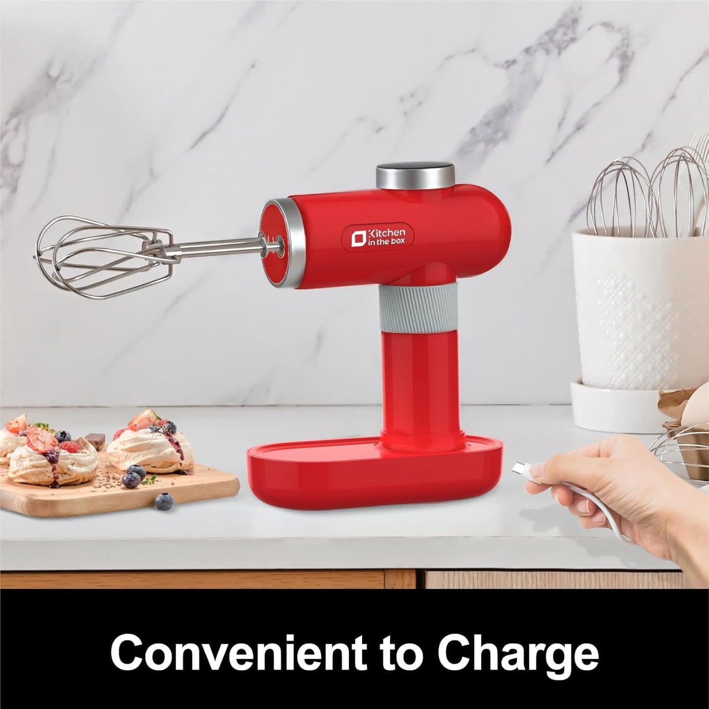 Kitchen in the box Cordless Rechargeable Hand Mixer for Kitchen, Portable Handheld Electric Mixer with Beaters, Whisks, 6-Speed Digital Display, Charging Base and USB-C Charge Cable (Cherry Red)