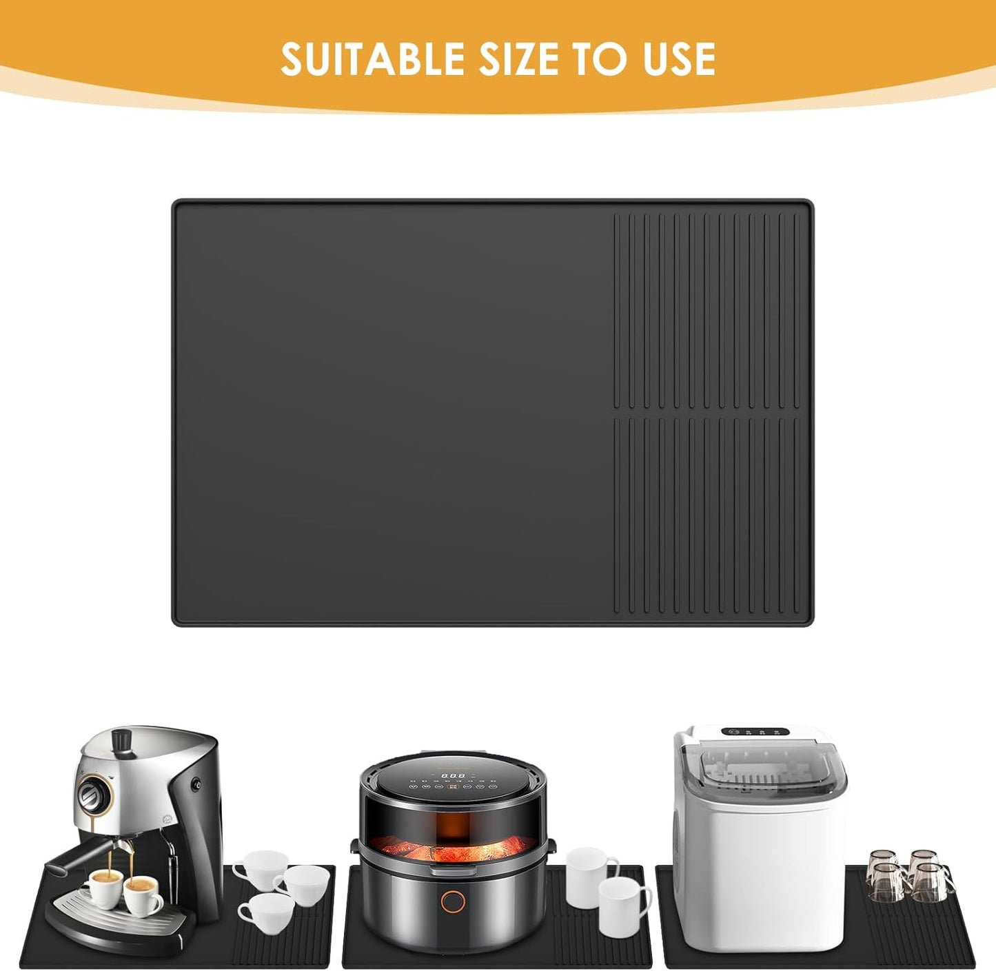 Silicone Coffee Mat with Raised Edges, , 24'' x 16'', Bar Mat for Countertops, Bar Accessories, Coffee Maker Mat, Espresso Machine, Dish Drying Mat (BLACK)