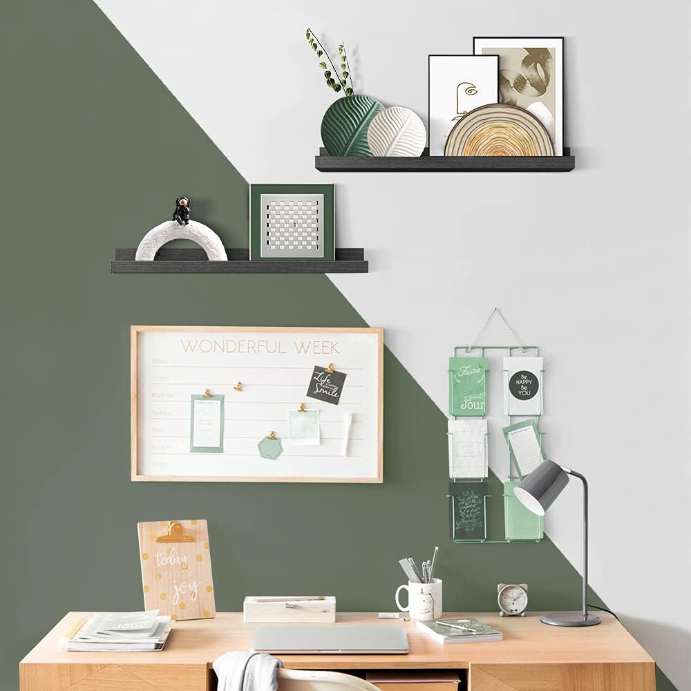 Forbena 24 Inch Long Picture Ledge Shelf Set of 4, Black Wood Floating Shelves with Lip for Wall, Rustic Display Shelves for Living Room Bedroom Bathroom Office Photo Frames Plants Books Art Decor