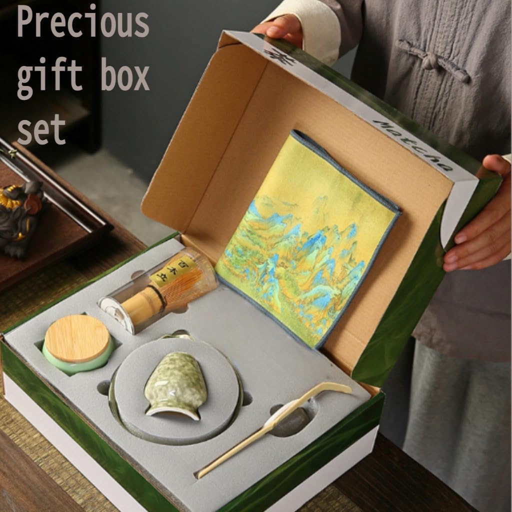 6-Piece Matcha Whisk Set, Japanese Bamboo Chasen, Scoop & Sifter, Traditional Ceremonial Kit with Ceramic Bowl, Whisk Holder Stand, Chakin Cloth (Green bamboo)