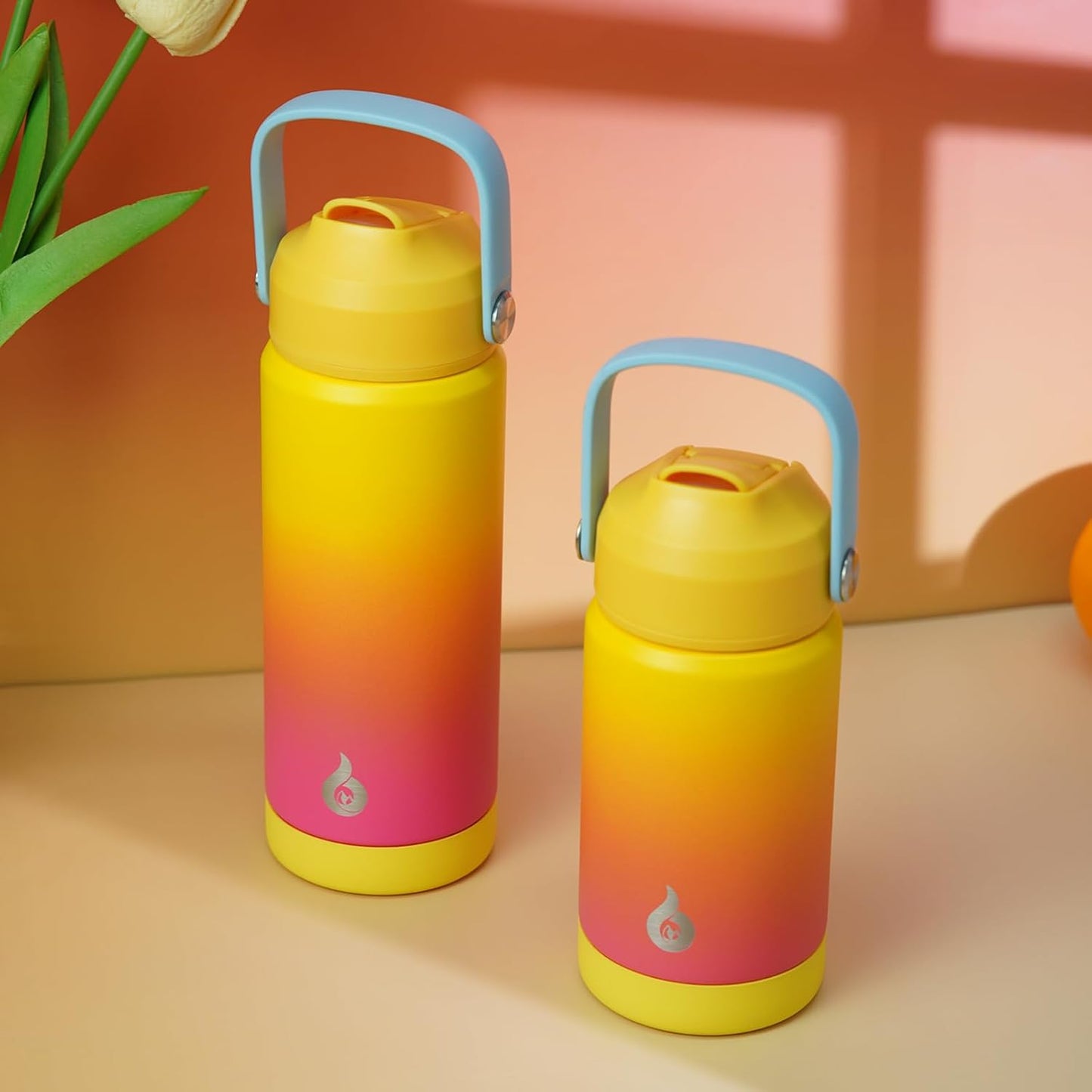 BJPKPK Insulated Water Bottle with Straw Lid, 12oz Thermos Water Bottles with Soft Nozzle, Flex Handle & Non-slip Boot, BPA Free Leak Proof Stainless Steel Metal Thermos, Tumblers, Cups,Rainbow