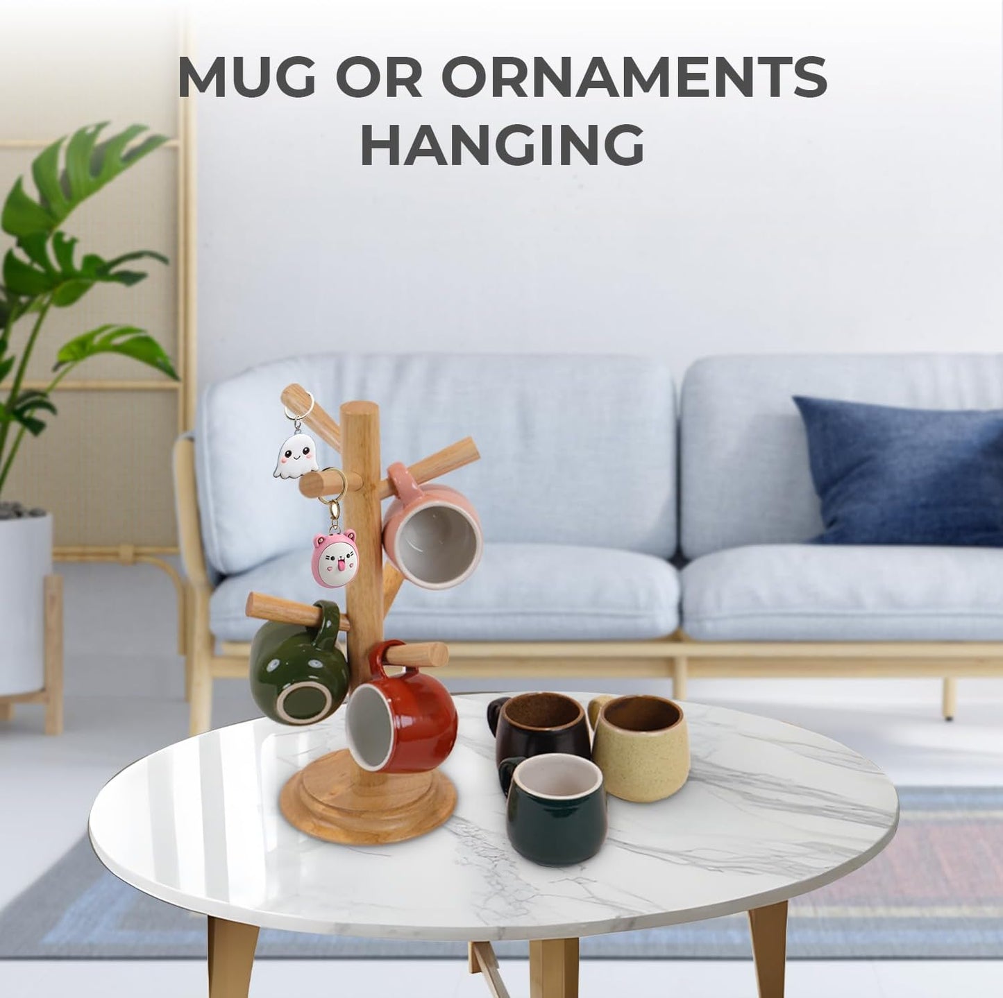 Pack 2 Mug Tree 6 Hooks Rubberwood 13.5"x7"x7", Strudy & Thick Base, Large & Small Cup Holder Tree Wooden for Jewelry, Kitchen Tools, Pantry, Ornaments, Countertop, Table Organizer (Brown)