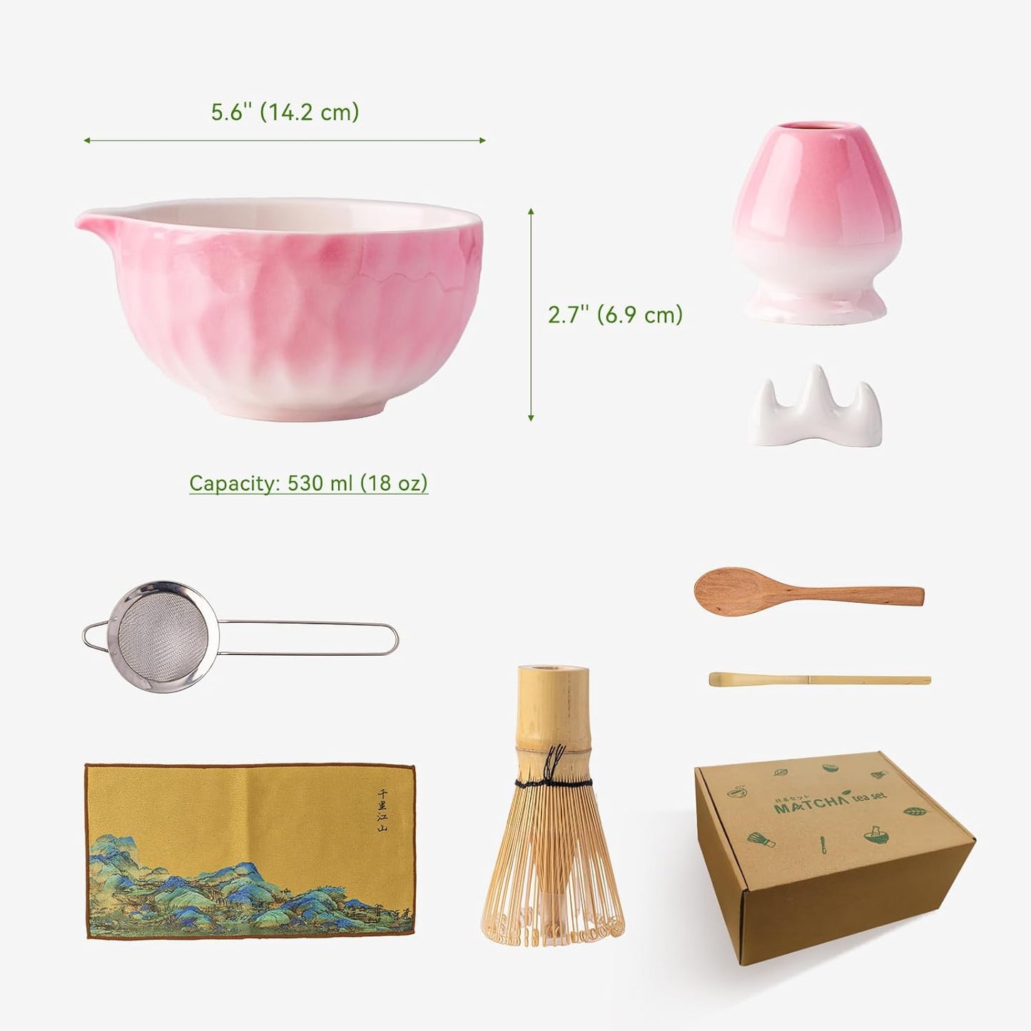 Japanese Matcha Whisk Set,Ceramic Matcha Set Includes Bowl with Spout, Matcha Sifter, Bamboo Whisk and Holder for Matchas Tea,2 Bamboo Scoop, Scoop Rest,Tea Towel - 8 Pcs Kit Gift for Matcha Lovers