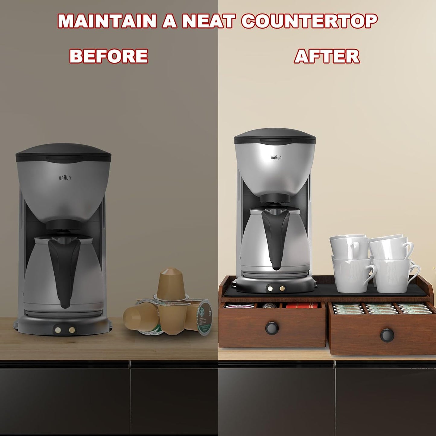 Wooden Coffee Pod Holder & Organizer - Coffee Station Organizer for Counter, Coffee Pods and Tea Organizer Holder Compatible with Keurig Pod & K-Cup | 30 Pod Capacity