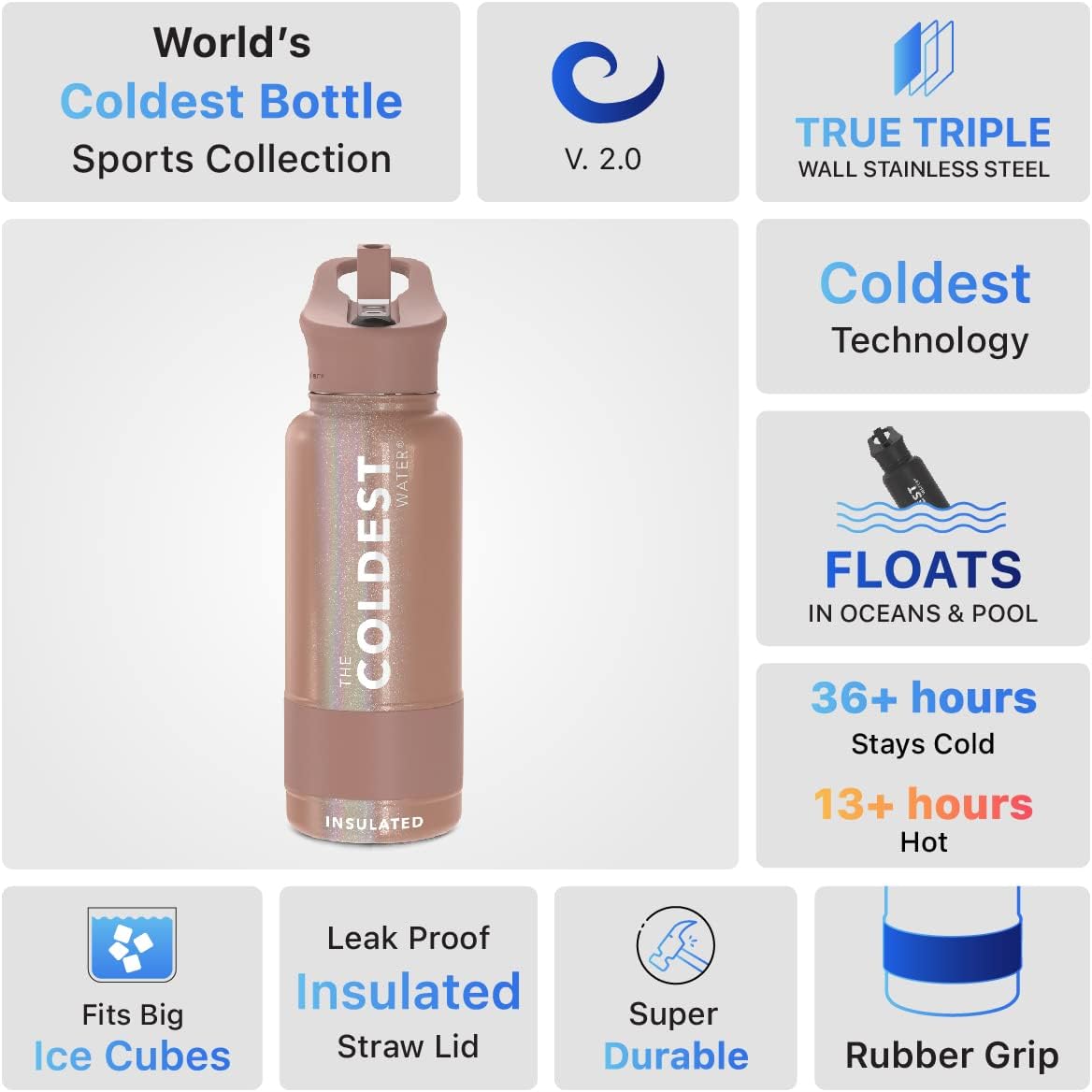 Coldest Insulated Water Bottle with Straw Lid - Stainless Steel Metal Insulated Bottle for Men & Women (Golden Rose Glitter, 32 oz)