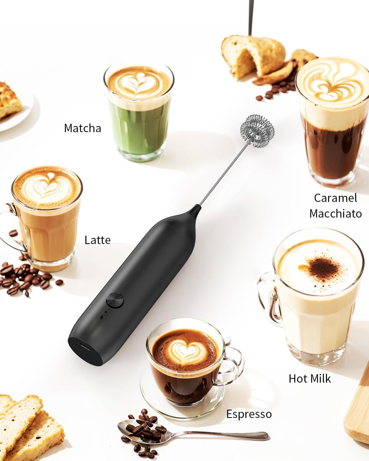 CIRCLE JOY Rechargeable Milk Frother Handheld with Stand, Coffee Frother Wand Drink Mixer with Dual Spring Whisk for Coffee, Cappuccino, Lattes, Frappe, Matcha and Hot Chocolate, Black