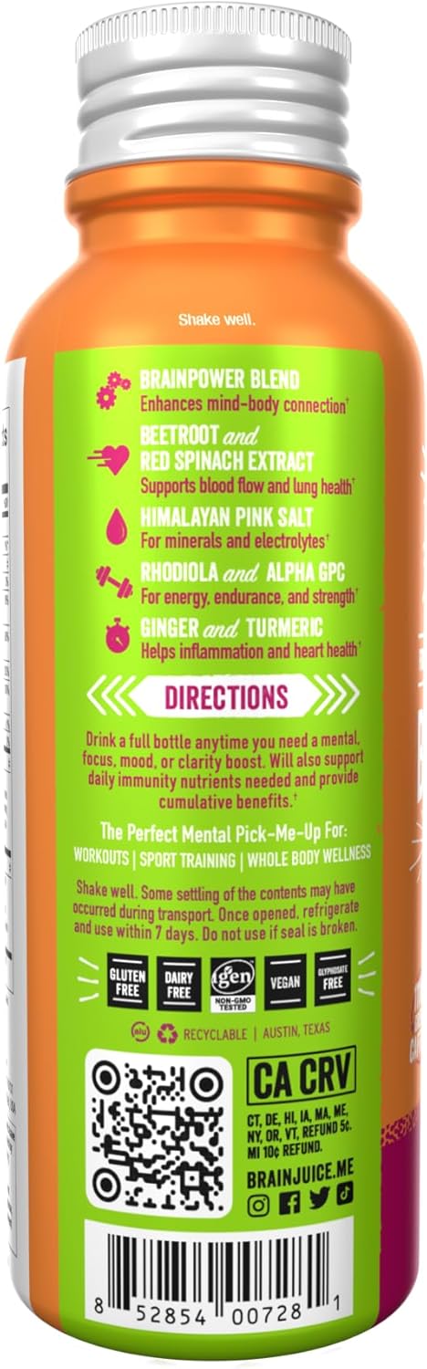 BrainJuice Active Focus & Energy Drink Shots, Supports Endurance, Recovery & Clarity, Non-GMO, Gluten Free, Nootropics, Alpha GPC, B Vitamins & Organic Green Tea, Pomegranate Acai, 2.5 fl oz, 12 Pack