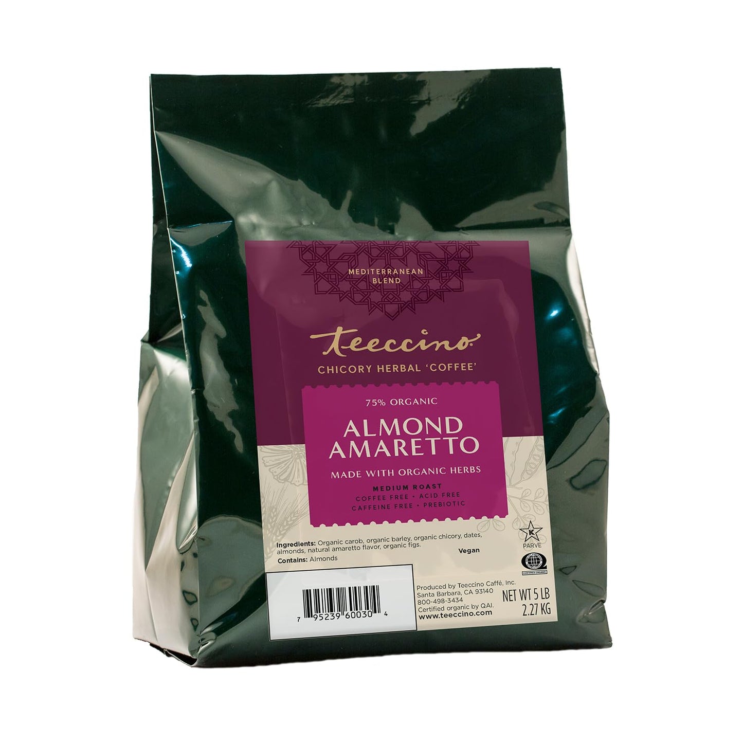 Teeccino Almond Amaretto Chicory Coffee Alternative, 5 Lb Bag - Ground Herbal Coffee That’s Prebiotic, Caffeine Free & Acid Free, Medium Roast