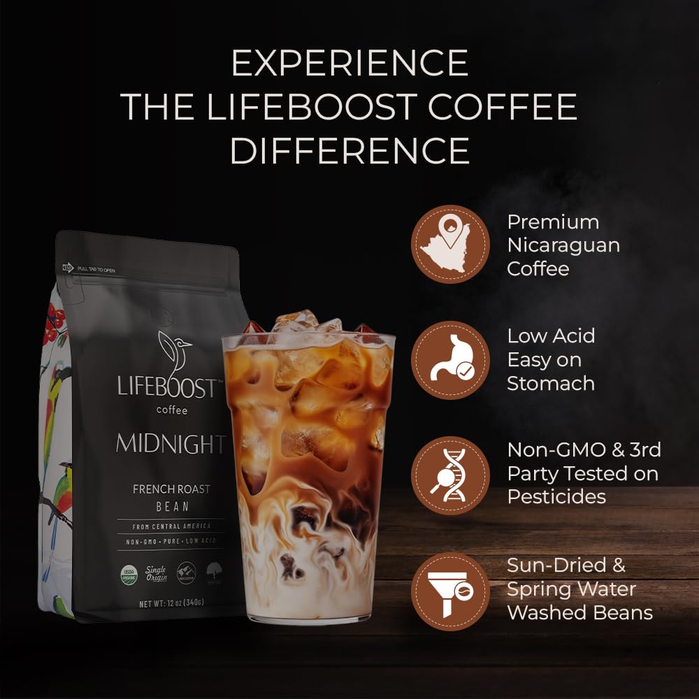 Lifeboost Midnight French Roast Coffee Beans - Single Origin Non-GMO USDA Organic Low Acid French Roast Coffee - Third Party Tested For Mycotoxins & Pesticides - 12 Ounces