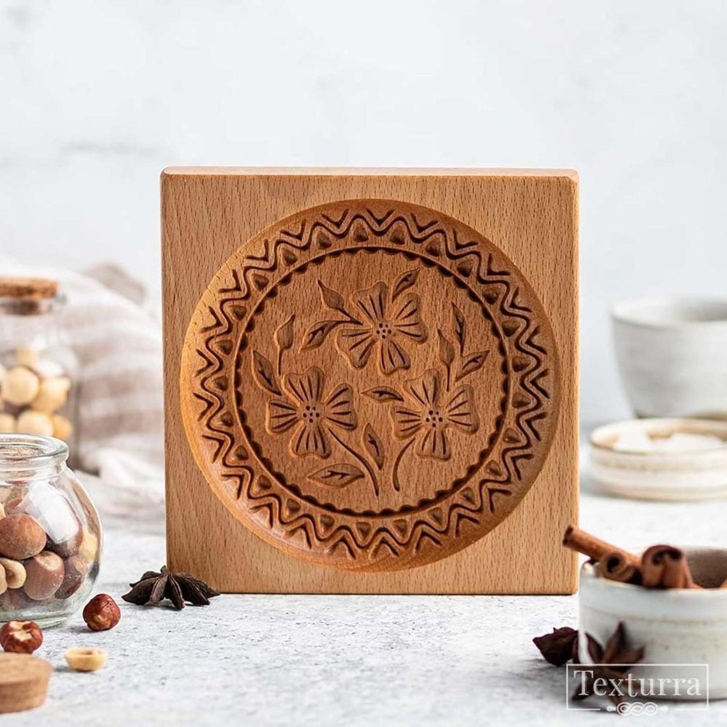MOTEERLLU Wooden Cookie Molds Baking, Wood Cookie Stamp Cutter Carved Biscuit Embossing Gingerbread Mold