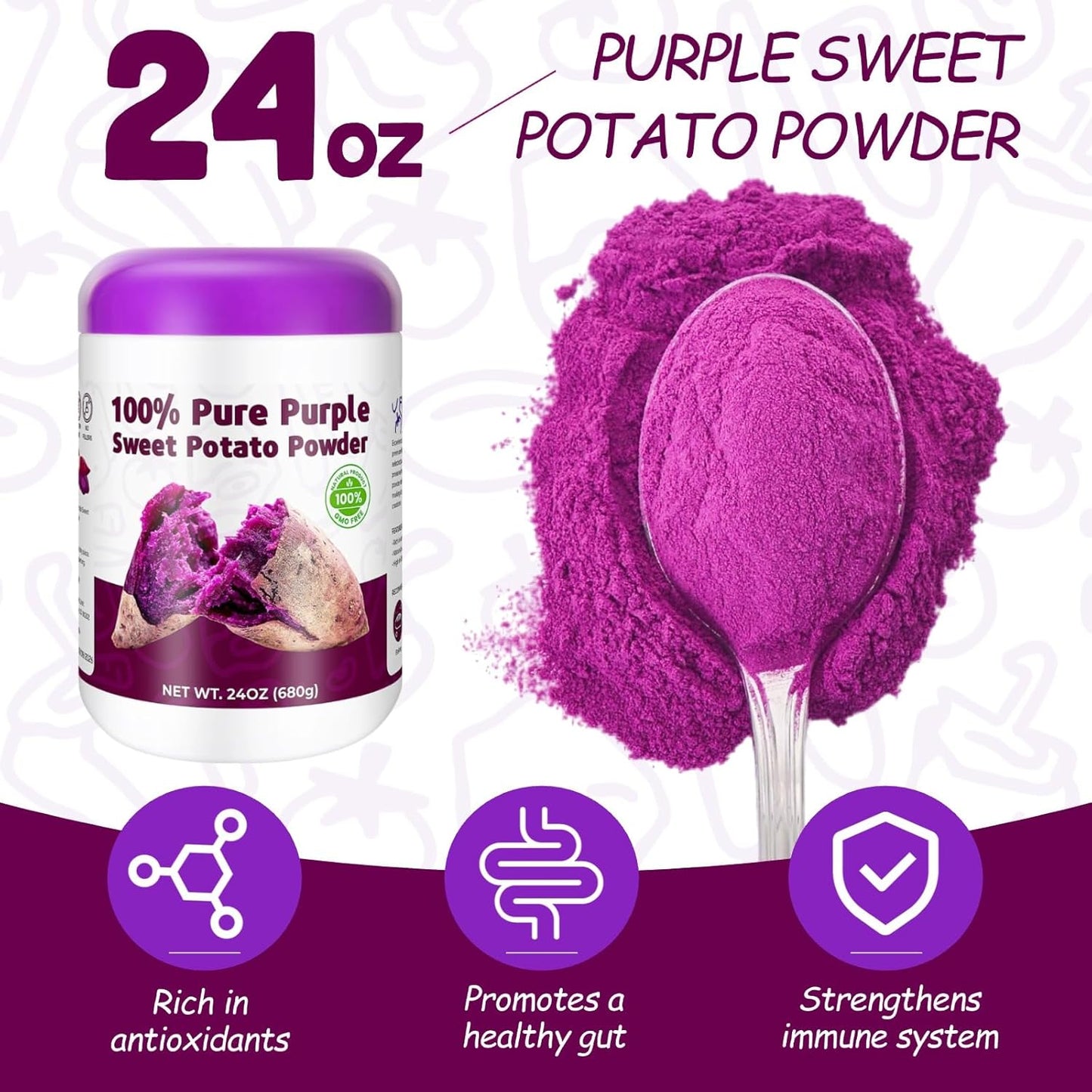 Purple Sweet Potato Powder 24oz (680g) - Natural Food Coloring for Baking, Drinks & Smoothies|Ube/Purple Yam Alternative, Non-GMO, Gluten-Free, Resealable Fresh Pack