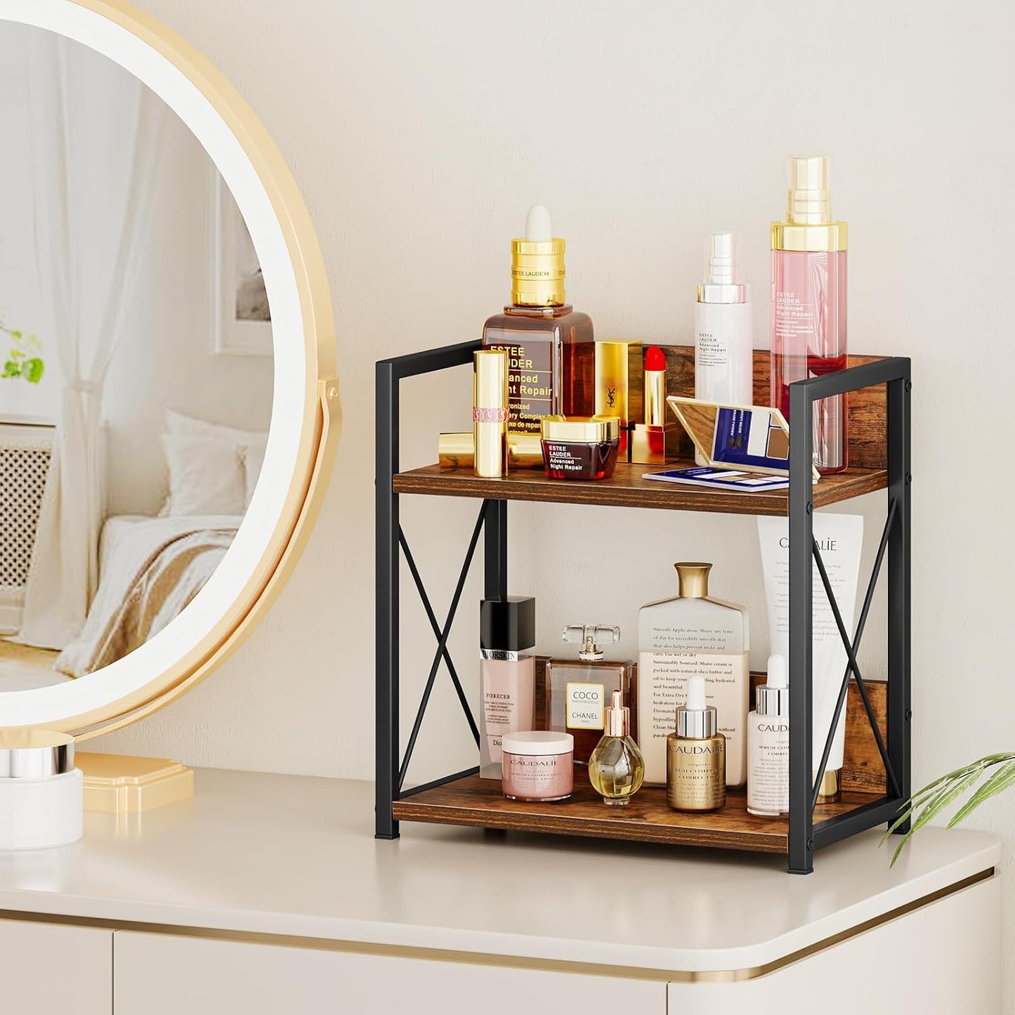 Giikin Kitchen Countertop Organizer, 2 Tier Spice Rack Organizer for Pantry, Kitchen Counter Shelf Wood Coffee Station Organizer (Brown, M)