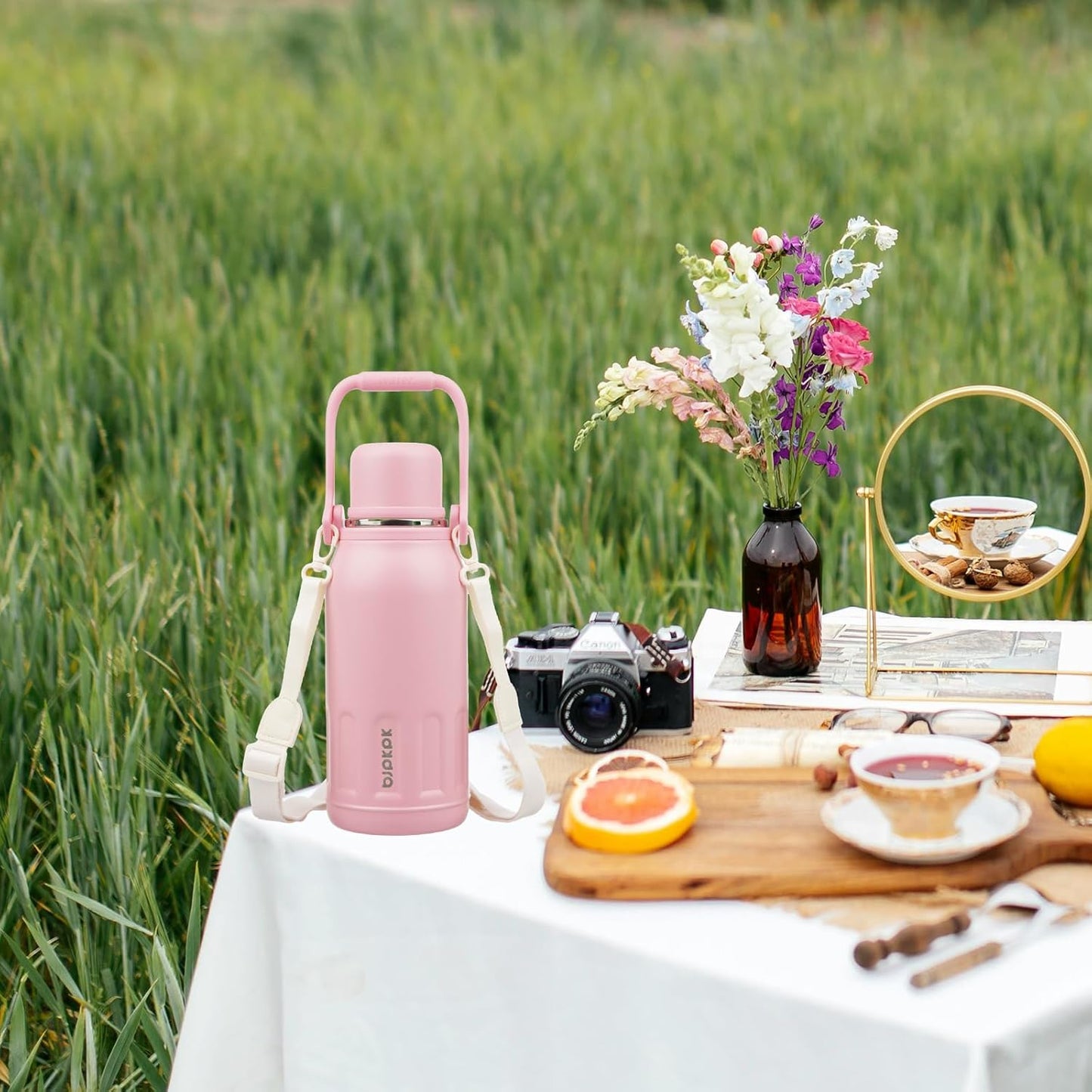 BJPKPK Insulated Water Bottle Leak Proof 27oz Stainless Steel Water Bottles with Handle and Lid Travel Metal Thermos,Beige