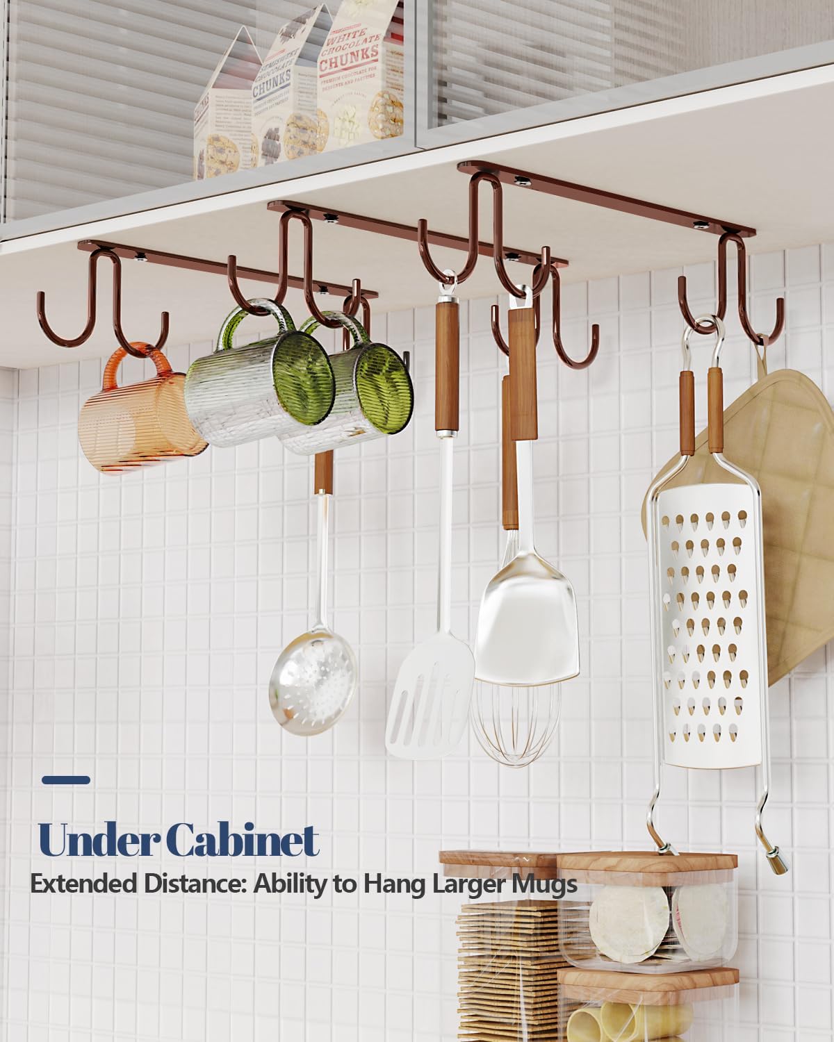 Mug Hooks Under Cabinet 3 Pack, Coffee Cup Hooks for Hanging Under Shelf, Mug Organizer Rack with 12 Hooks for Displaying Mugs, Coffee Cups and Kitchen Utensils, Brown