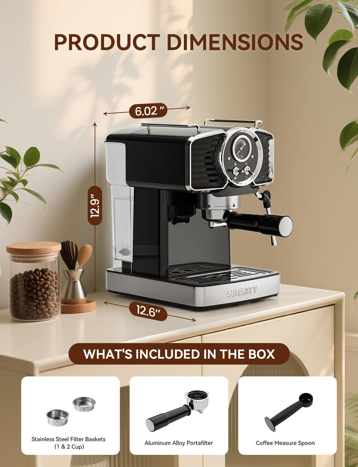 Espresso Machine 20 Bar, Professional Espresso Maker with Milk Frother Steamer Wand, Espresso Coffee Machine Black, Cappuccino & Latte Machine for Home, Retro, 1.8L Removable Water Tank