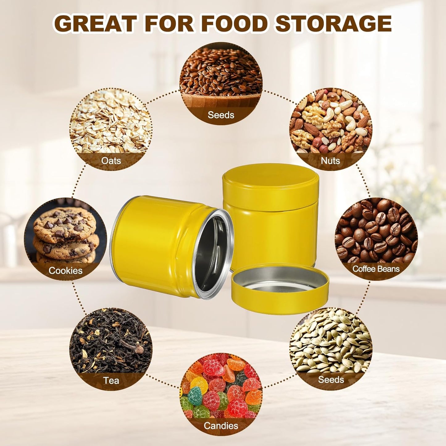 uxcell 2Pcs Round Tea Canisters, 4" x 4" Airtight Metal Tea Containers for Loose Tea, Coffee Beans, Spices - Durable, Compact, and Stylish Storage Tea Tin (Yellow)