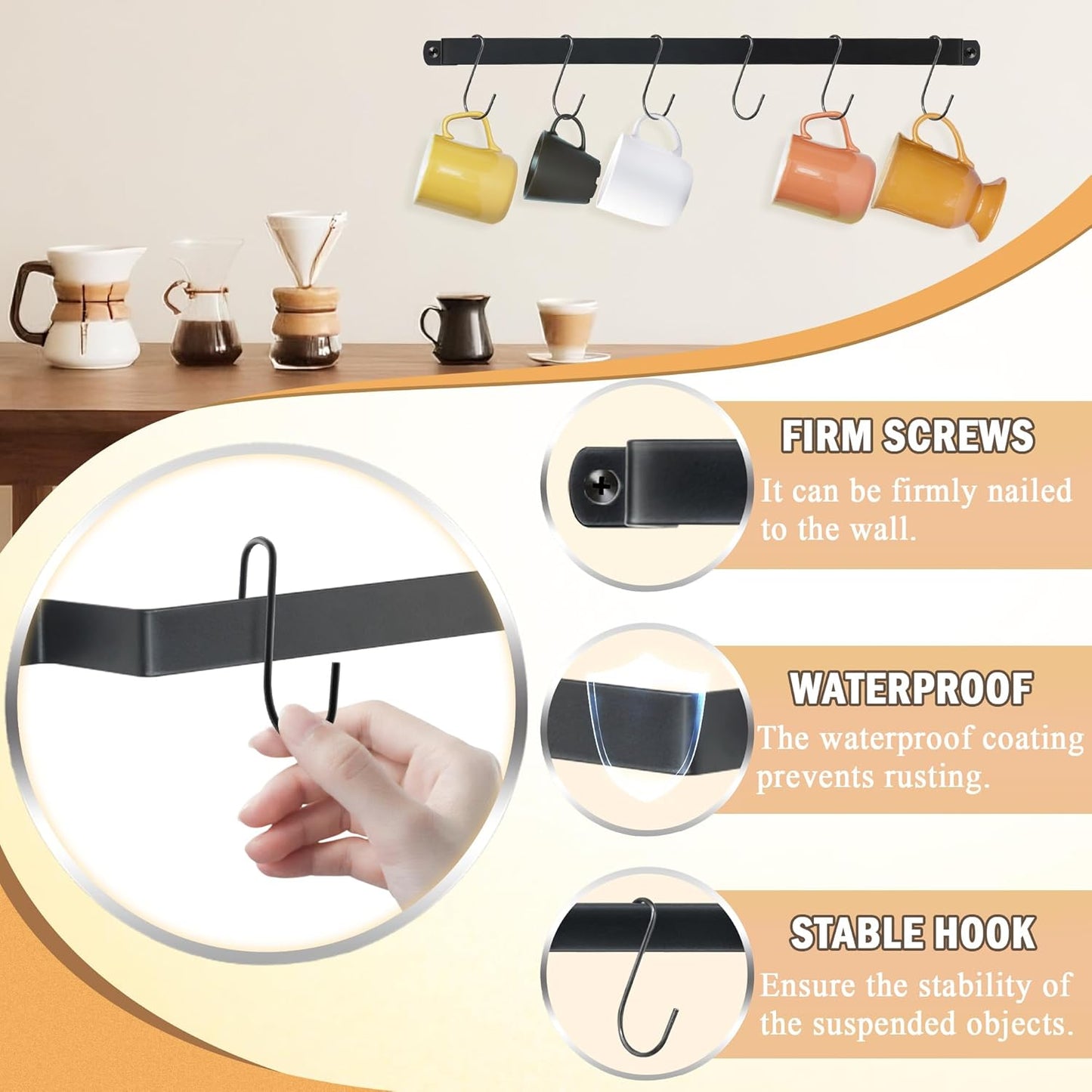 AJART Coffee Mug Rack Wall-Mounted: 12-Hook Cup Holder - Ideal for Coffee Bars & Apartment Kitchens - Space-Saving Solution - 1 Pack