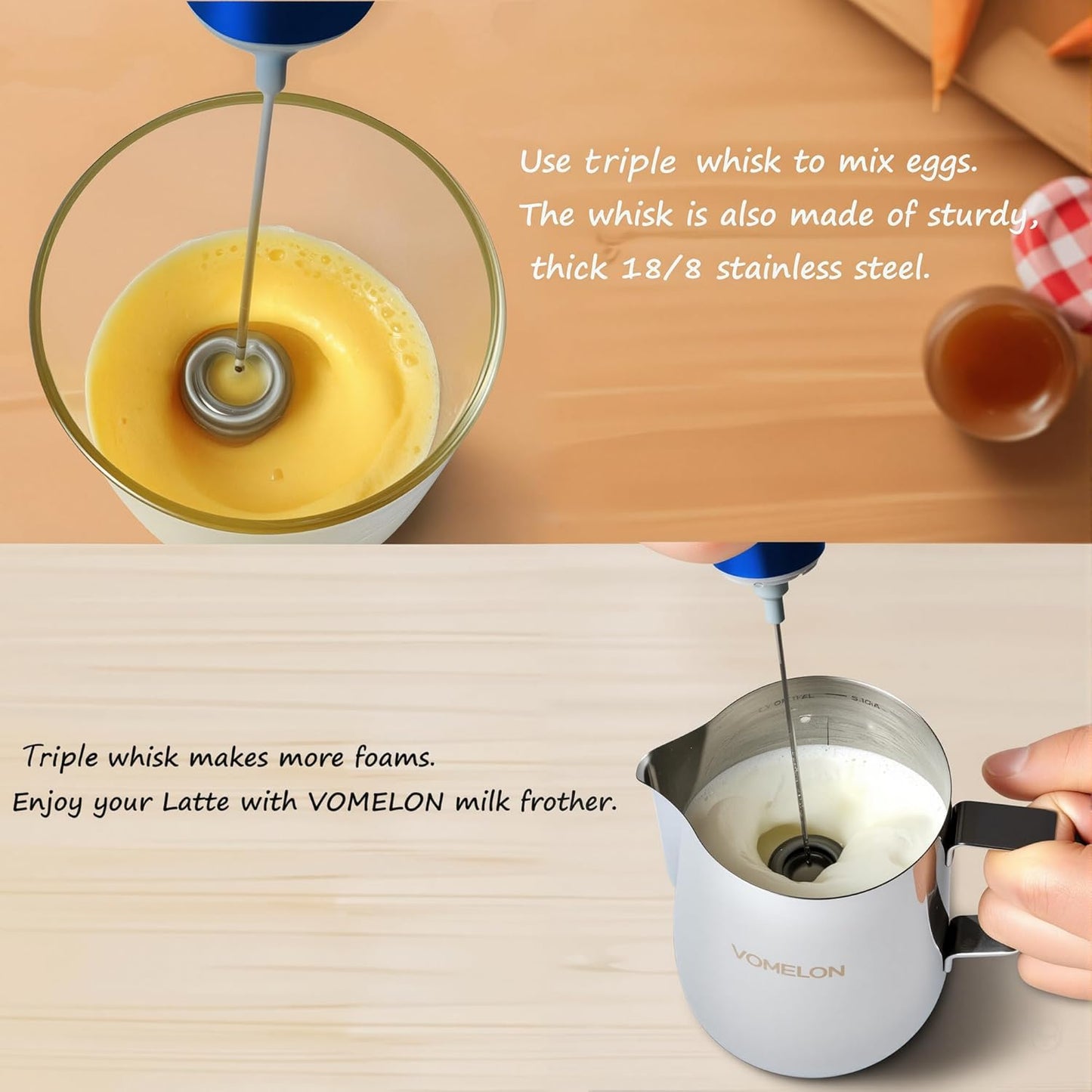 Milk Frother Handheld, Battery Operated Coffee Foamer Drink Mixer with 2 Stainless Steel Electric Whisks for Coffee, Latte, Cappuccino, Hot Chocolate, Protein,Egg Batteries Included,Blue