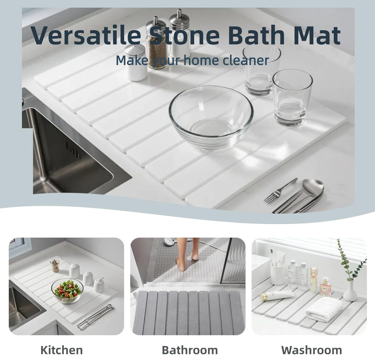 Stone Drying Mat for Kitchen Counter, 23.6" x 15.3" Foldable Diatomaceous Earth Dish Drying Mat - Large Stone Dish Drying Mat for Dishes Cups Bottles Drying, Match Any Countertop (White, Large)