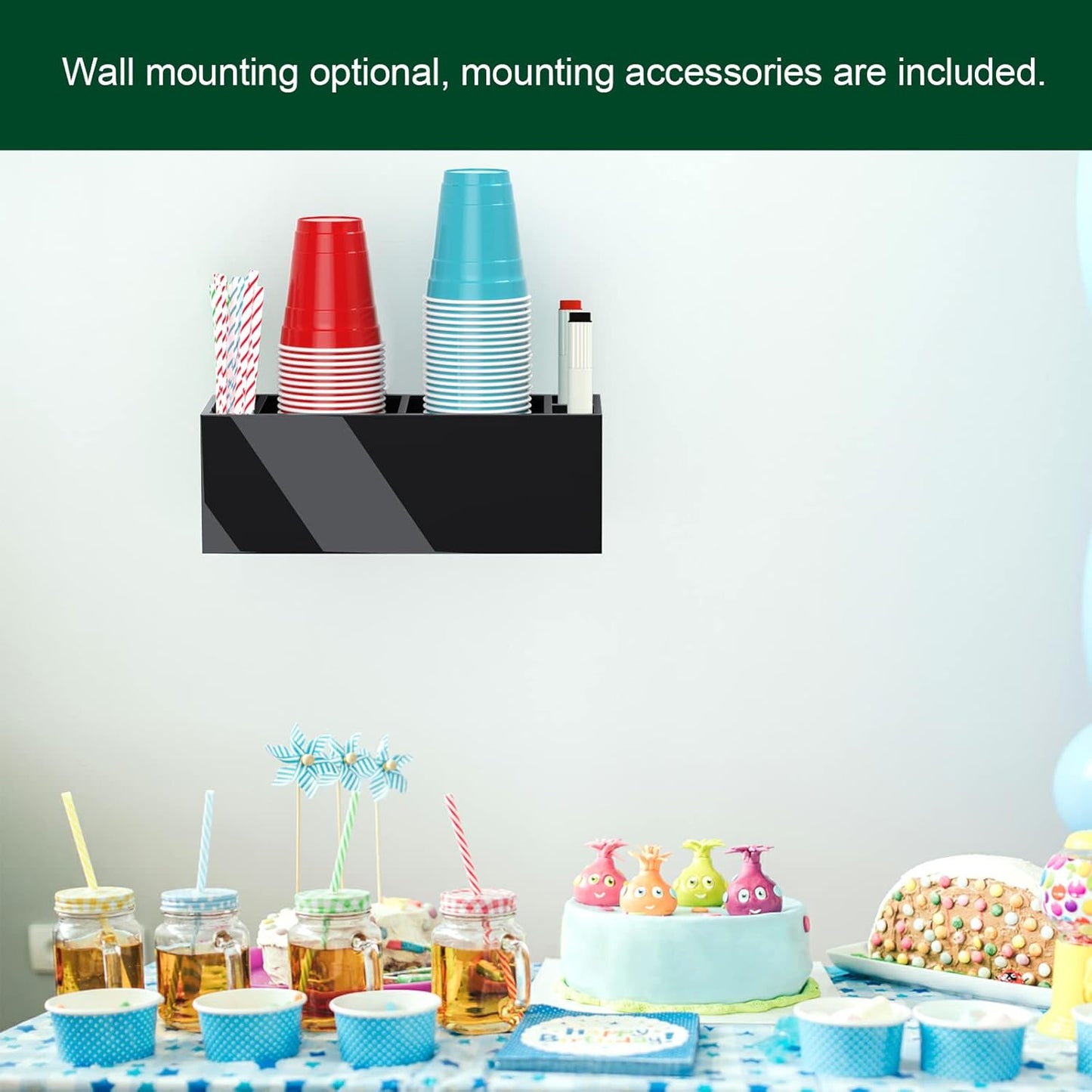 Double Cup Holder with Marker Slot, Party Cup Dispenser Acrylic Cup Organizer Mark Your Cup and Drink Up Caddy Modern Bar Counter Decor, Black