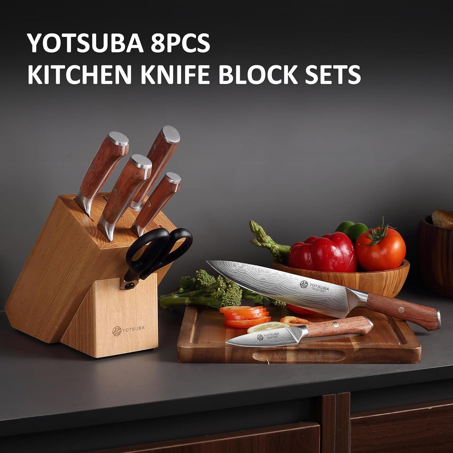 YOTSUBA 8PCS Kitchen Knife Set with Scissors & Sharpener, Ultra Sharp High Carbon Stainless Steel Kitchen Utensils Set with Elegant Rosewood Handle Ergonomic Design, Natural Acacia Block with Gift Box