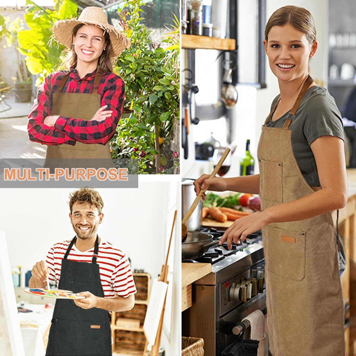 Chef Cooking Aprons for Men Women Thickened Canvas Cotton Apron with 4 Pockets for BBQ Work Kitchen(Brown)